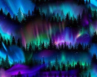 Aurora Borealis Forest Fabric by Timeless Treasures – Northern Lights Cotton