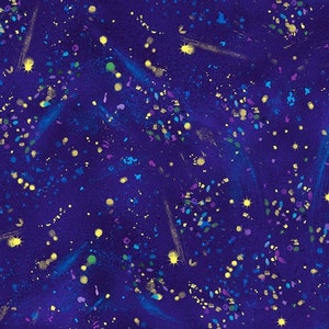 Blue Metallic Paint Splatter Fabric, Abstract Galaxy Fabric, Quilting Cotton
