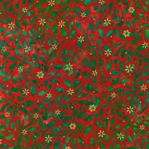 Puede incluir: Una tela festiva con un patrón repetido de hojas verdes de acebo y pequeñas flores amarillas sobre un fondo rojo. Adecuada para manualidades y proyectos temáticos de vacaciones.
