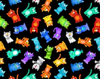 Tossed Rainbow Cats Fabric by Gail Cadden - Digital Print - Cotton Fabric
