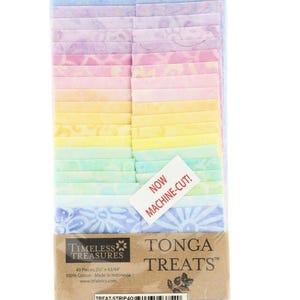 May include: A package of 40 pre-cut fabric strips in a rainbow of colors, featuring a floral pattern. The fabric is labeled "Tonga Treats" and is machine-cut for easy use in quilting and crafting projects.