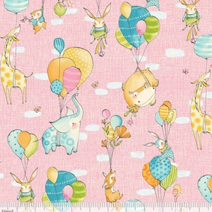 Fly Away Day Pink Cotton Fabric - Animals with Balloons