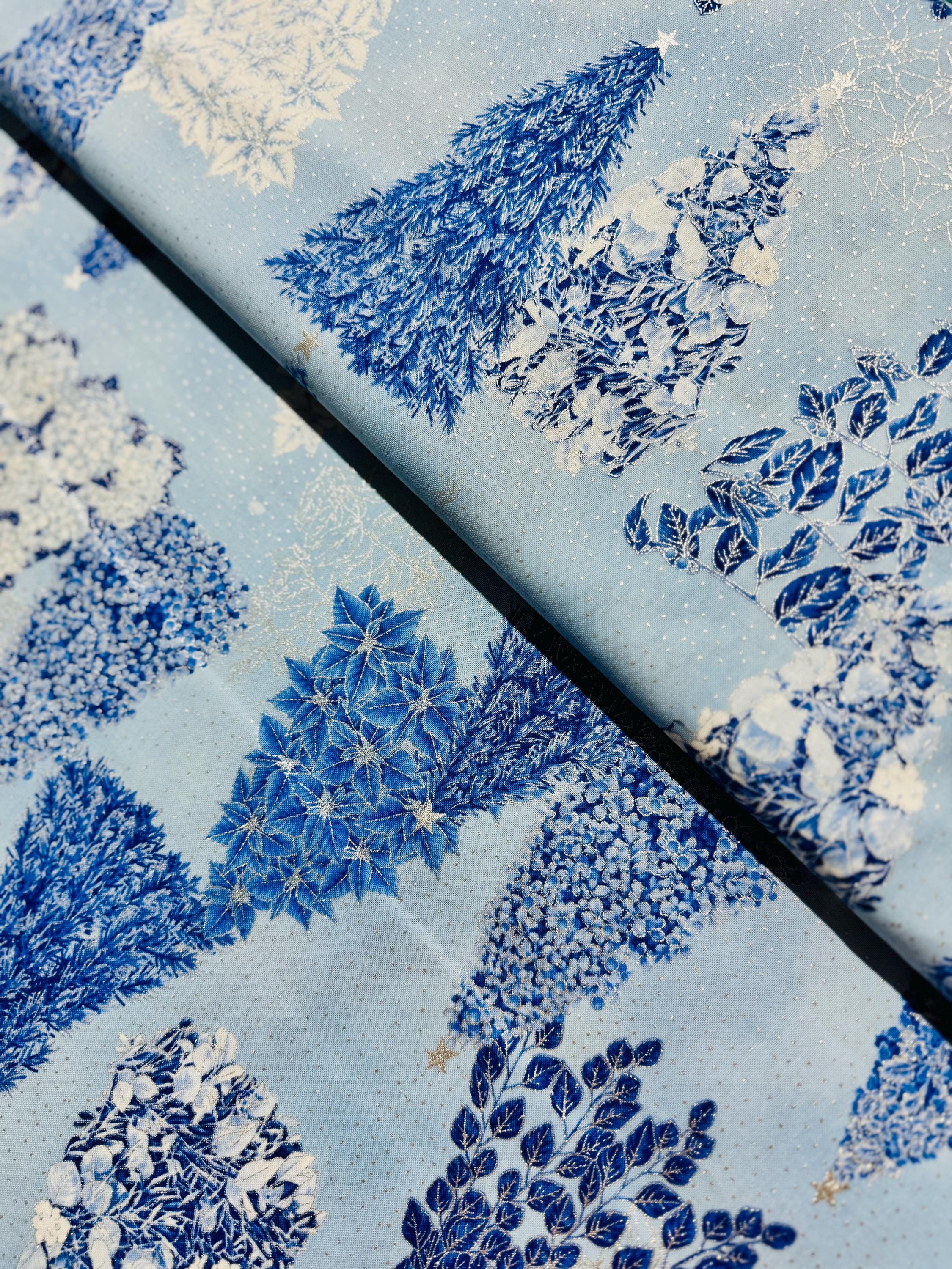 Holiday Flourish-Snow flower - Winter Trees Blue Silver Fabric - Metallic Cotton Fabric