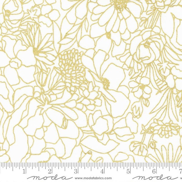 Moda Fabrics - Gilded - Doodle Garden Florals Paper Gold Metallic Fabric by Alli K Design - Metallic Cotton Fabric