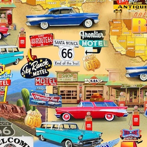 Route 66 - tissu pour collage par Michael Searle - impression numérique - tissu en coton