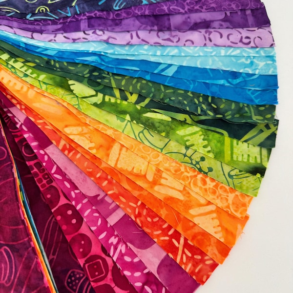 Rainbow Batik Fabric Scrap Strips – 100% Cotton, Kathy Engle 2"x19/20"