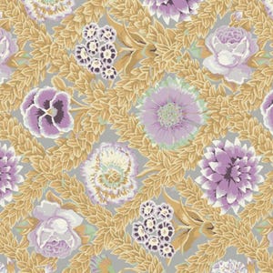 May include: A seamless pattern featuring a variety of purple and white flowers with gold leaves on a light gray background.