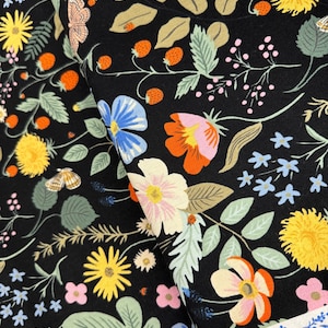 Strawberry Fields Black Canvas Fabric - Rifle Paper Co. (43"/44")
