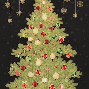 23&quot; Panel - Holiday Flourish 15 - Black Christmas Tree Metallic Panel - Sold by the Panel (23&quot; x 43&quot;)