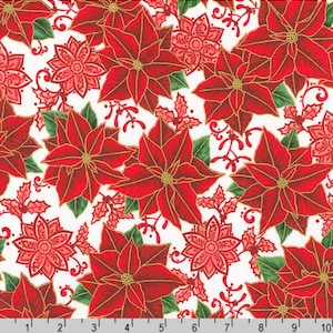 Holiday Flourish - Festive Finery - Poinsettias Candy Cane Gold Fabric - Metallic Cotton Fabric