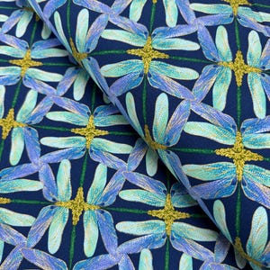 Dance of the Dragonfly – Pinwheel Geo Navy/Periwinkle Metallic Fabric by Kanvas Studio - Metallic - Cotton Fabric
