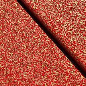 Adornos navideños - Holly Red Gold - Tela de algodón metalizada