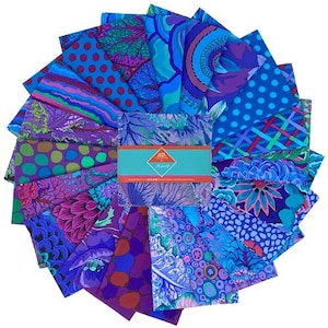 May include: A collection of 16 fat quarter fabric squares in a variety of blue, purple, and green patterns. The fabrics feature floral, geometric, and abstract designs.
