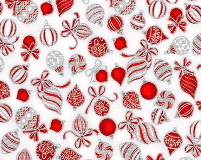 Robert Kaufman Holiday Charms Holiday Ornaments Scarlet Silver Metallic