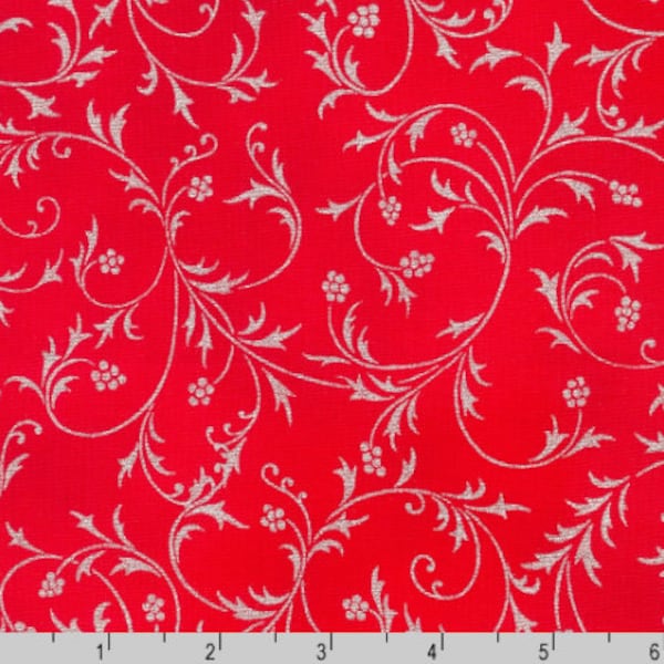 Robert Kaufman - Holiday Flourish-Snow flower - Swirls Scarlet Silver Fabric - Metallic Cotton Fabric