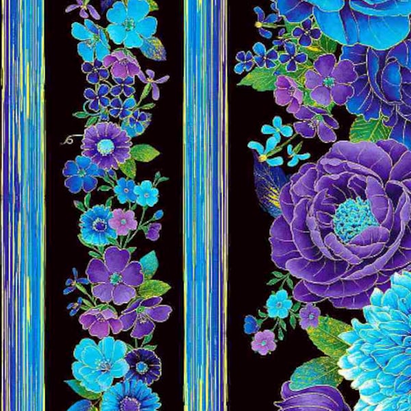 Timeless Treasures - Utopia - Metallic Florals 11" Stripe Fabric by Chong-a Hwang - Metallic Cotton Fabric