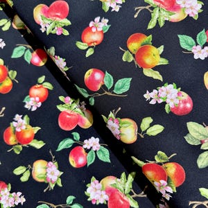 Orchard Valley - Tossed Apples with Leaves Black Fabric - Digital Print - Cotton Fabric