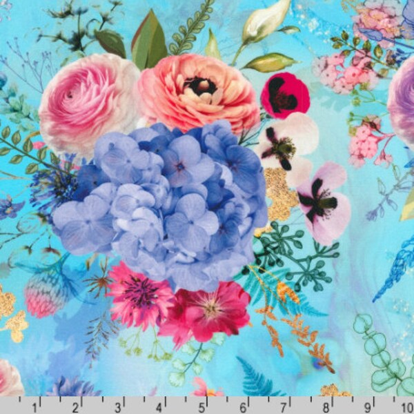 Robert Kaufman - Misty Garden - Bouquets Larkspur Fabric by Lara Skinner  - Cotton Fabric