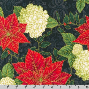 Holiday Flourish-Snow flower - Poinsettia Blooms Black Gold Fabric - Metallic Cotton Fabric