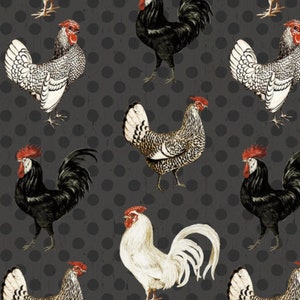 Wilmington Prints - Free Range Fresh - Large Chickens on Black Fabric by Katie Pertiet - Cotton Fabric