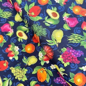 Fresh From the Grove - Fruit & Veggies Toss Navy - Cotton Fabric