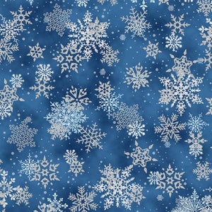 Whispering Woods – Snowflakes Sapphire/Silver Metallic Fabric by Hoffman Fabrics - 43&quot; Wide