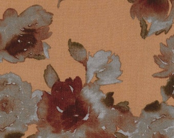 May include: A peach-colored fabric with a watercolor floral pattern. The flowers are in shades of brown, gray, and white.