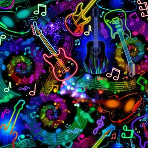 Neon Guitars & Music Notes Fabric: Rockstar Cotton Print