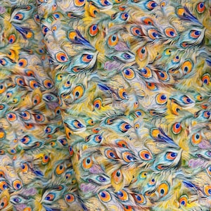 Flourish - Packed Peacock Feathers Multi - Digital Print - Cotton Fabric