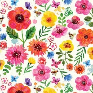以下が含まれることがあります： ピンク、赤、黄色、オレンジ、青の花、緑の葉、蝶が描かれたカラフルな花の模様。背景は白です。