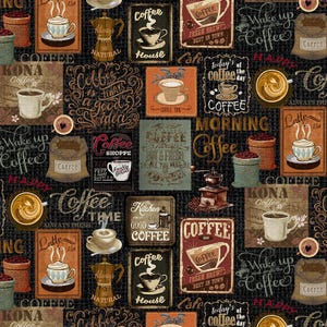 Könnte beinhalten: Ein Collage von Kaffee-Bildern und Texten auf dunklem Hintergrund. Das Design umfasst Kaffeetassen, Kaffeebohnen, Vintage-Schilder und Sätze wie "Coffee Time" und "Fresh Brew". Die Farbpalette umfasst Braun-, Beige- und Schwarztöne.