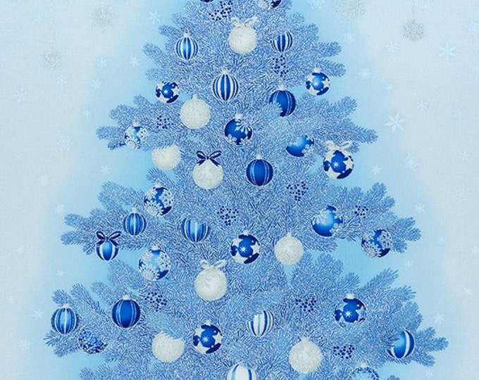 22" Panel Remnant - Holiday Flourish 15 - Blue Christmas Tree Metallic ...