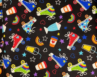 May include: A black background with a repeating pattern of colourful roller skates, rainbows, stars, hearts, and drinks. The roller skates are in various colours, including red, blue, green, and yellow. The drinks include milkshakes and coffee cups.