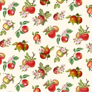 Orchard Valley - Tossed Apples with Leaves Cream Fabric - Digital Print - Cotton Fabric