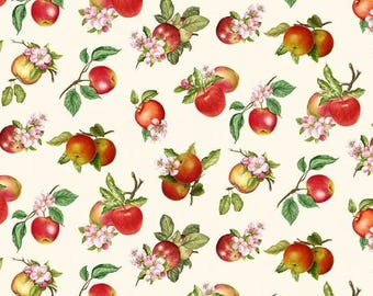 May include: A seamless pattern featuring red apples with pink blossoms on a cream background. The apples are arranged in a repeating pattern, with some apples overlapping each other. The blossoms are scattered throughout the pattern, adding a touch of whimsy.
