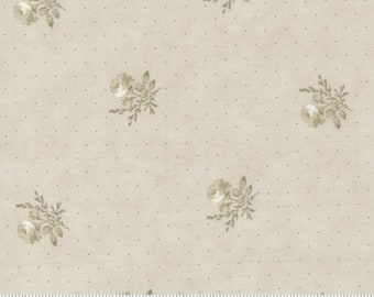 May include: A beige fabric with a white floral pattern and a subtle dotted texture. The fabric features a repeating pattern of small white flowers with green leaves.