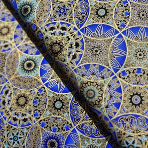 Jaikumari - Medallions Sapphire Gold Fabric by Studio RK - Metallic - Cotton Fabric