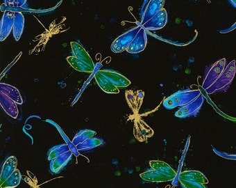 Timeless Treasures - Dancing Dragonflies - Moonlit - Tossed Dragonflies Fabric by Chong-a Hwang - Metallic Cotton Fabric