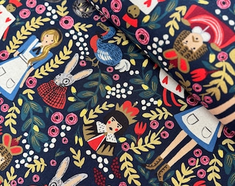 Wonderland Navy Metallic Canvas Fabric: Rifle Paper Co. Cotton-Linen Blend