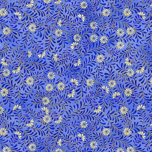 Sapphire - Tiny Metallic Florals on Blue - Metallic Cotton Fabric