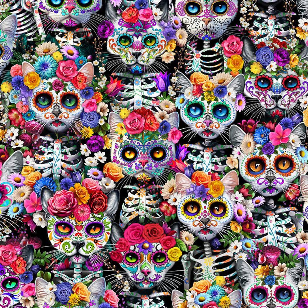 Day of the Dead - Packed Skeleton Floral Cats Fabric by Timeless ...