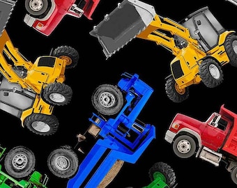 Construction Site - Tossed Construction Trucks - Cotton Fabric