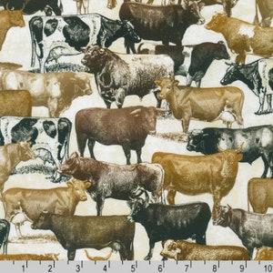 Robert Kaufman - Vita contadina vintage - Mucche su sfondo naturale - Tessuto di cotone