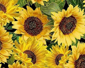Tessuto di cotone con girasoli metallizzati: stampa di foglie autunnali