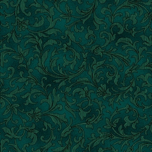 Puede incluir: Un fondo verde azulado con un patrón repetitivo de diseños florales negros. El diseño es intrincado y presenta remolinos y hojas.