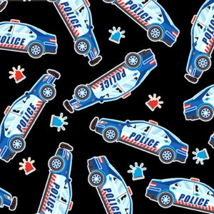 Glow in the Dark - Save the Day - Police Cars on Black Fabric by Kanvas Studio - Cotton Fabric