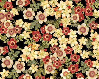 Harvest Blossoms Black Cotton Fabric with Metallic Gold Accents