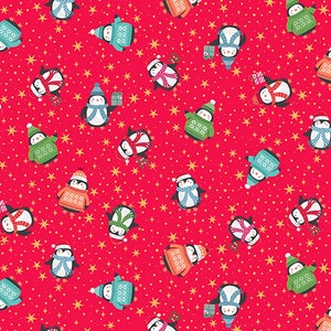 Andover Fabrics - Let it Snow - Penguins Red Metallic by Makower UK - Metallic - Cotton Fabric