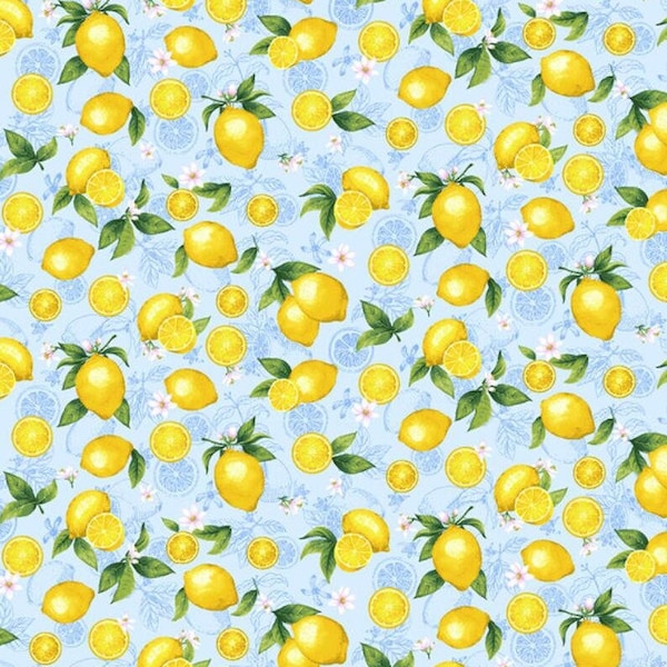 Timeless Treasures - Splash of Lemons - Small Etched Lemons on Blue - Cotton Fabric