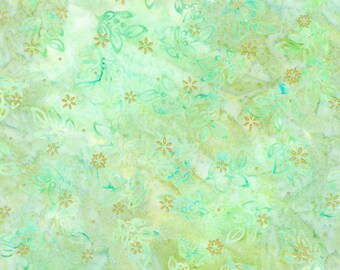 Tela batik con destellos dorados, menta y muérdago: batik de algodón artesanal
